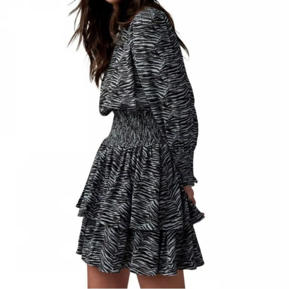 La Vie Rebecca Taylor Tiger Long Sleeve Blue Black Dress Size S Small Movk Neck